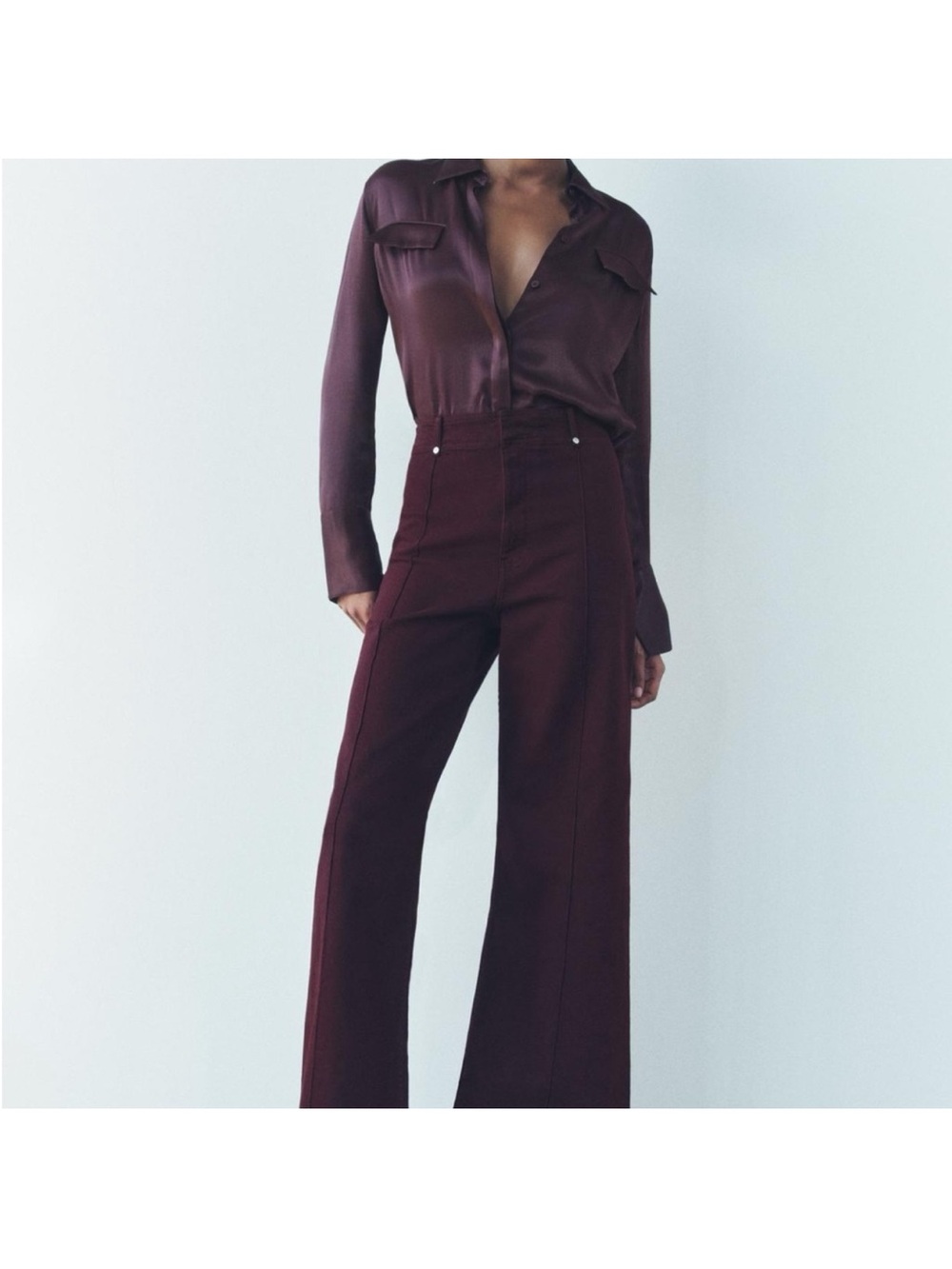 Zara Wide-Leg High-Waist Pants in Deep Burgundy